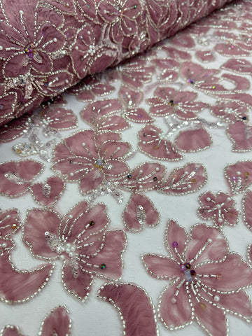 Beaded fabric - Tulle Flower lace Dusty