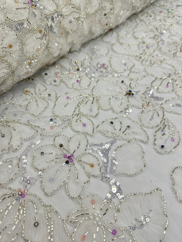 Beaded fabric - Tulle Flower lace White