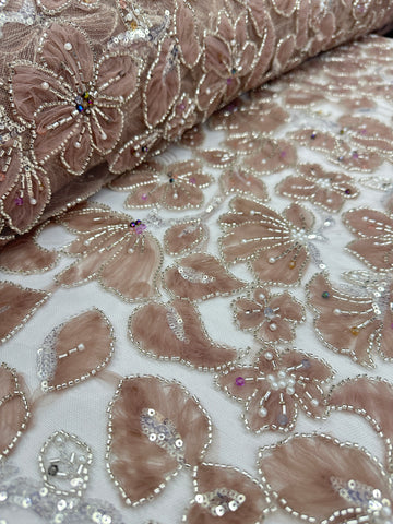 Beaded fabric - Tulle Flower lace Nude