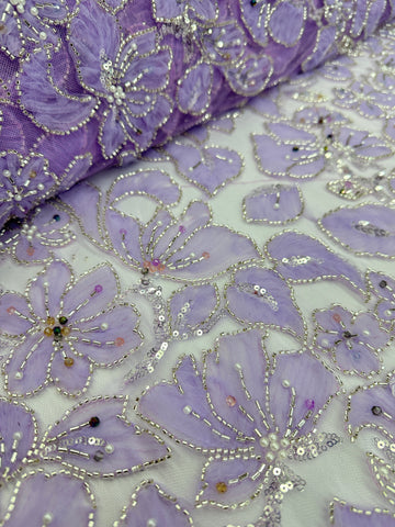 Beaded fabric - Tulle Flower lace Lilac