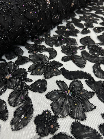 Beaded fabric - Tulle Flower lace Black