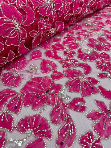 Beaded fabric - Tulle Flower lace Cerise
