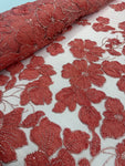 Beaded Flower Lace - Hot Coral