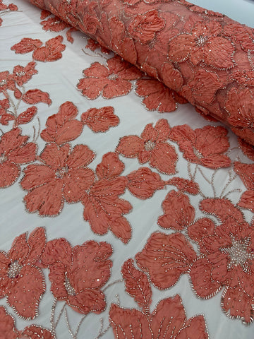 Beaded Flower Lace - Peach Coral