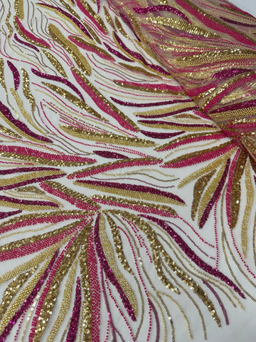 Beaded Two Tone Lace - Pink & Gold 1