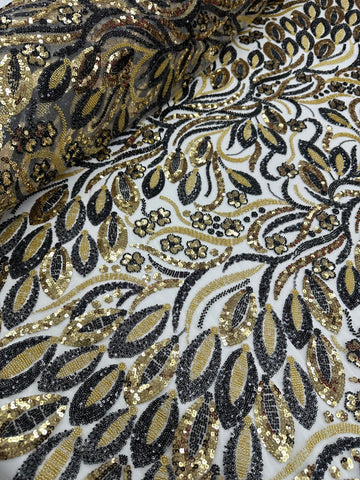 Beaded Two Tone Lace - Black & Gold Floral