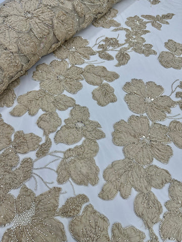 Beaded Flower Lace - Beige