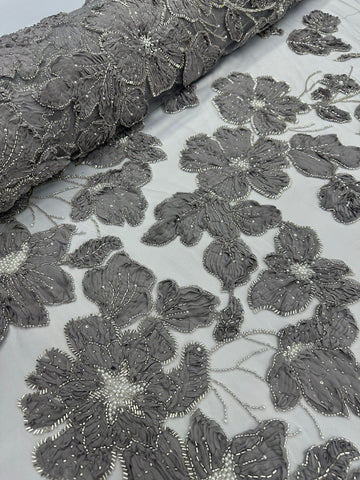 Beaded Flower Lace - Grey