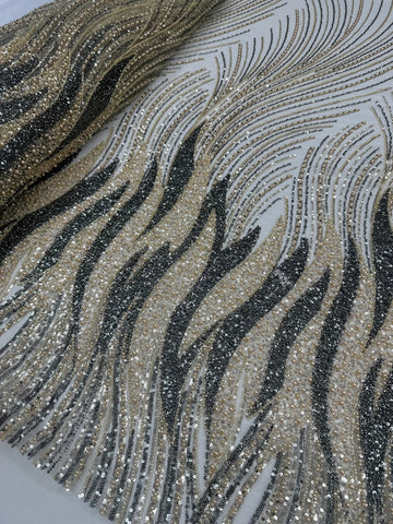 Beaded Lace - Two Toned Cream Gold & Dark Silver