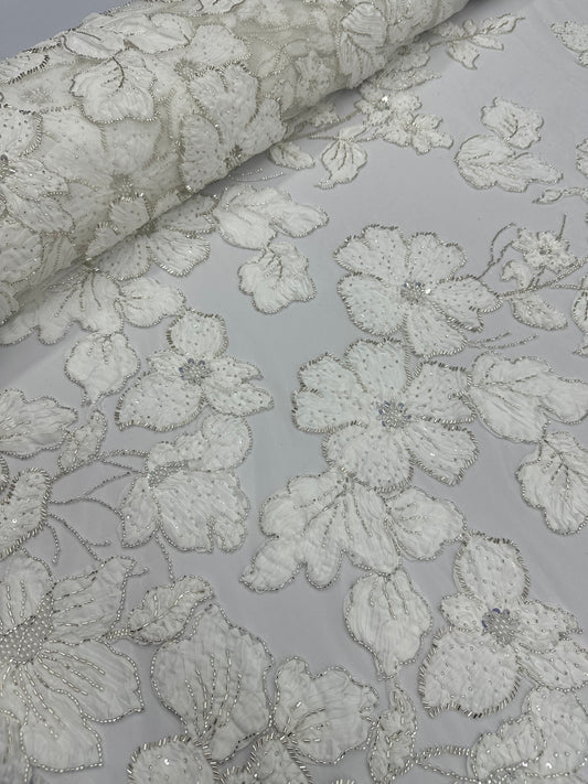 Beaded Flower Lace - White