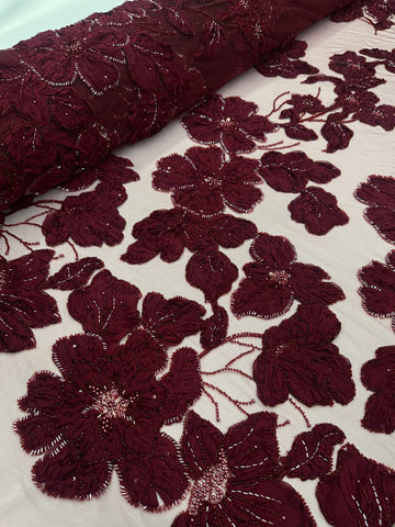 Beaded Flower Lace - Deep Maroon